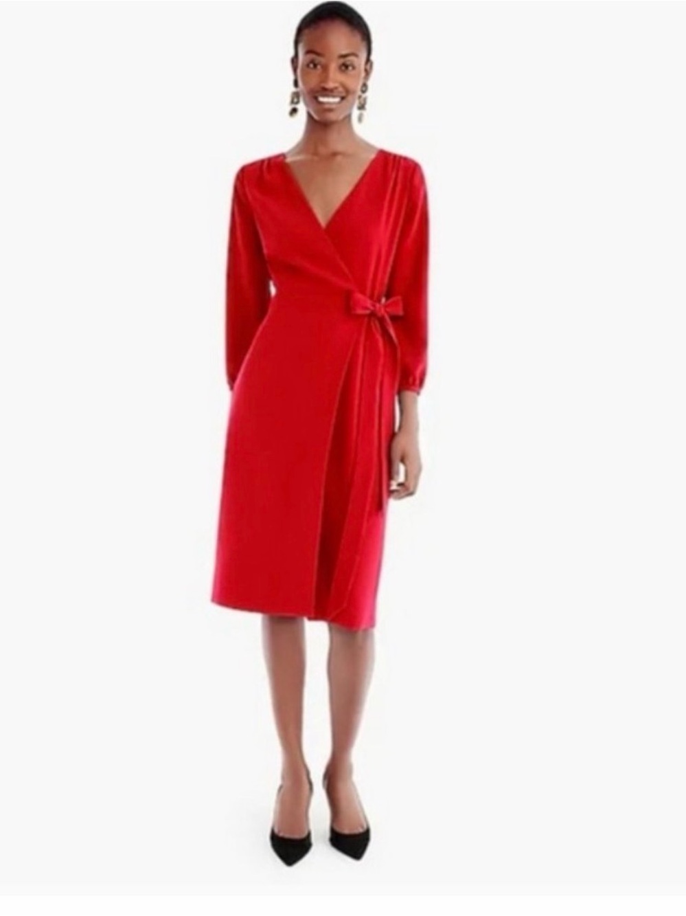 J. Crew Red Wrap Midi Dress with Tie Waist